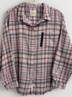 Lucky‎ Brand Women's Flannel Plaid Shirt 2x Pink Raw Hem Long Sleeve 100% Cotton